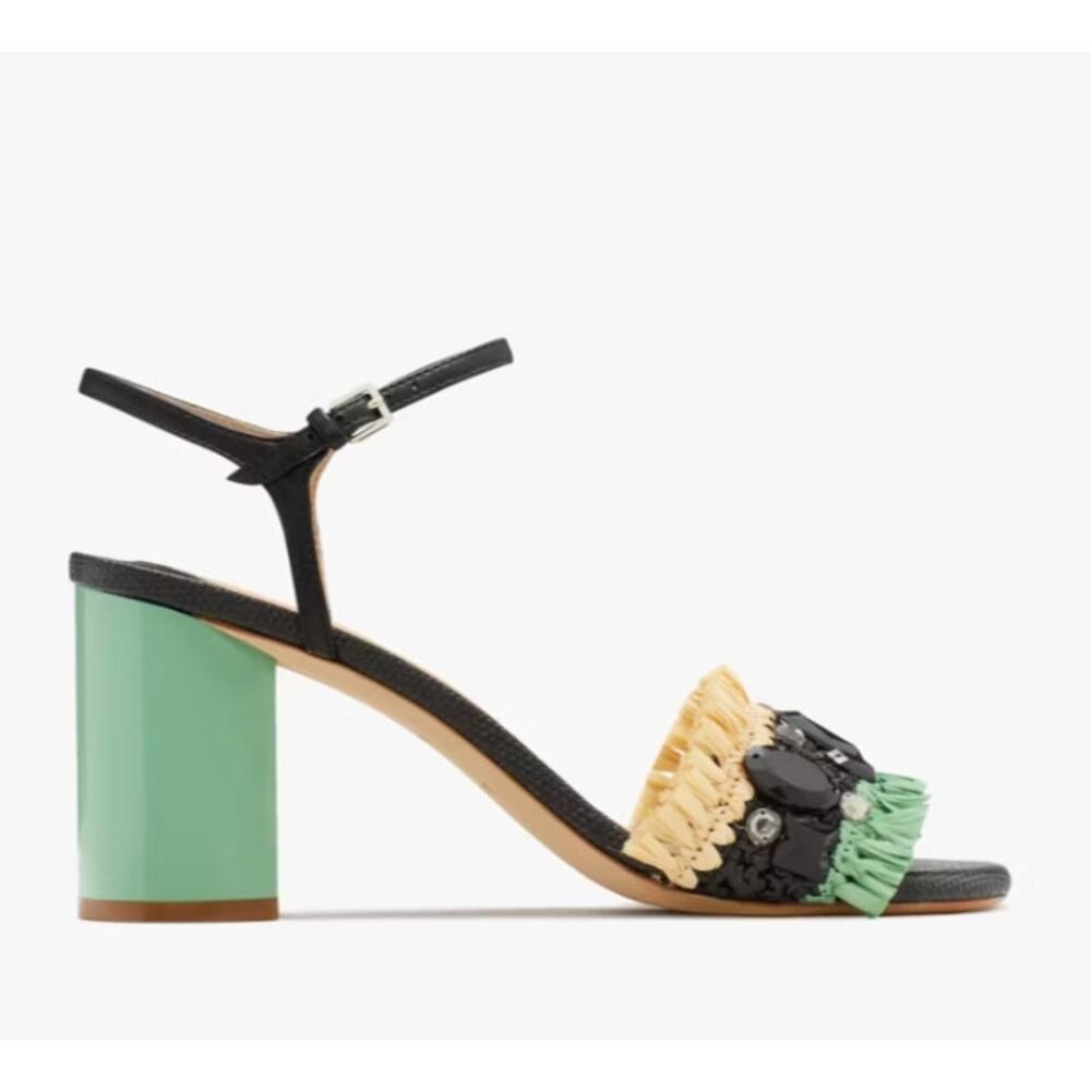 Kate Spade Bora Bora Heel Black Natural Mint Crochet Raffia Size 5 NIB Vacation - Picture 2 of 16